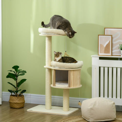 PawHut 3 Level Cat Tree With Sisal Scratching Posts  Cat Badminton Toy For Playing  Soft Cushions  Play Areas