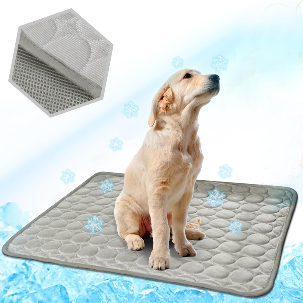 MeiLiMiYu Washable Dog Cooling Mat Ice Silk Pet Self Cooling Pad Blanket for Indoor & Outdoor Car Seats (Grey, 28x22 in)