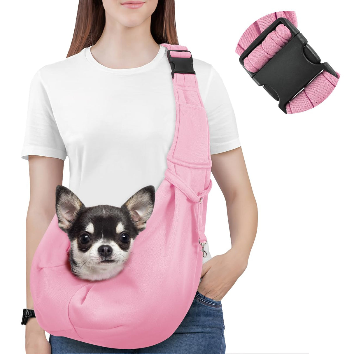 Pawaboo Small Dog Sling Carrier, Reversible Hands Free Dog Sling Carrier for Small Dogs Cats, Puppy Sling Carrier with Adjustable Strap Buckle & Safety Harness, Puppy Essentials, Pink