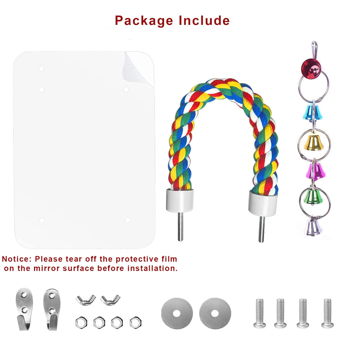 LOPERDEVE 7" Bird Mirror with Rope Perch Bird Toys Swing, Comfy Perch for Greys Amazons Parakeet Cockatiel Conure Lovebirds Finch Canaries