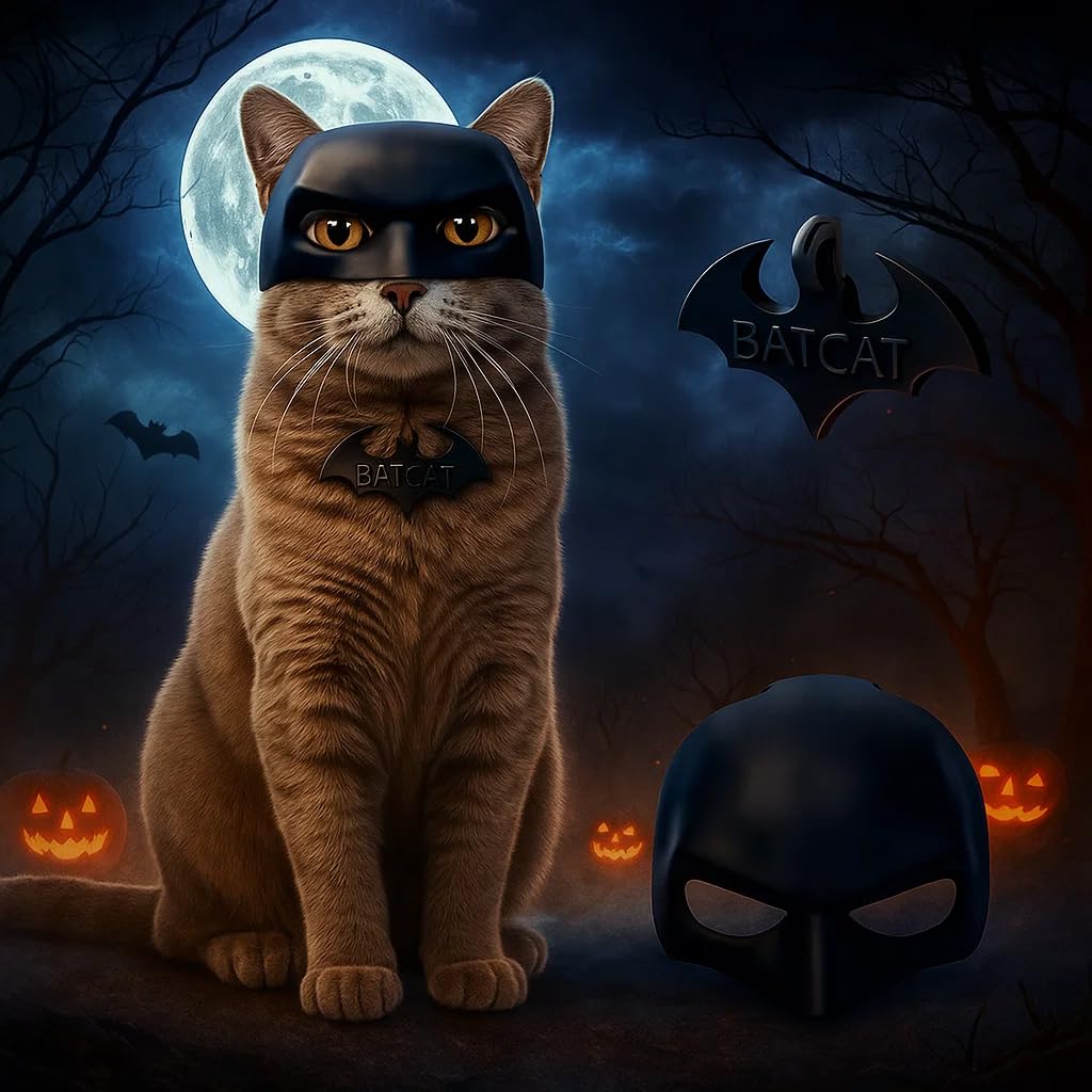 Black BatCat Cosplay Mask for Cats – Extra Thick Durable Pet Costume, Comfortable Halloween Apparel, Funny Superhero Hat, Catman Mask, Handmade Cat Outfit (Medium)