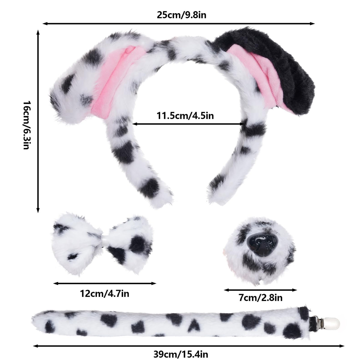 Jmkcoz 4 Pcs Dalmatian Dog Costume Set Dalmatian Puppy Dog Ears Headband Tail Nose Bow Tie for Halloween Animal Cosplay Party (White & Black)
