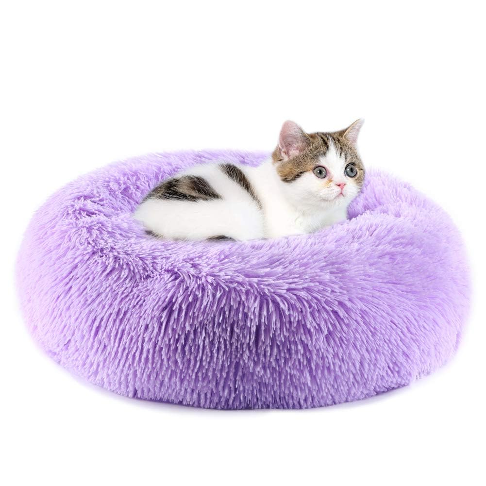 Purrfect Cat Beds - Washable 20/24 inches, Anti-Anxiety Round Plush Faux Fur, Thick Bottom (Purple, Medium) - Suitable for Indoor Cats & Small/Medium Dogs