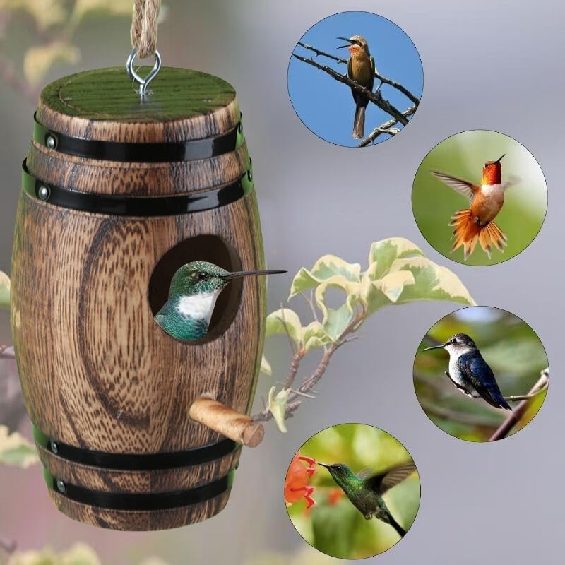 2 Pack Hummingbird Houses for Outside, DY-SKTY Wooden Hummingbird House for Nesting, Hanging Bird Houses for Outdoors with Pole, Unique Garden Gifts Home Decoration