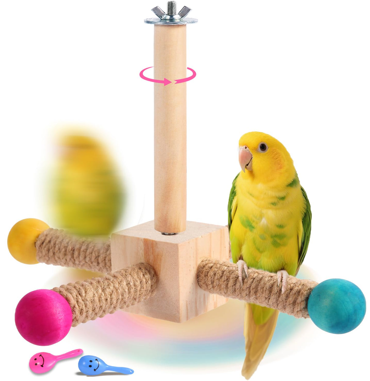 Kyouki Bird Perch Toy - Suitable for Small & Medium Parrots: Conures, Cockatiels, Lovebirds, Parakeets, Quakers, Caiques, Pionus | 360° Spinning Stand (Primary Colors, Medium Size)