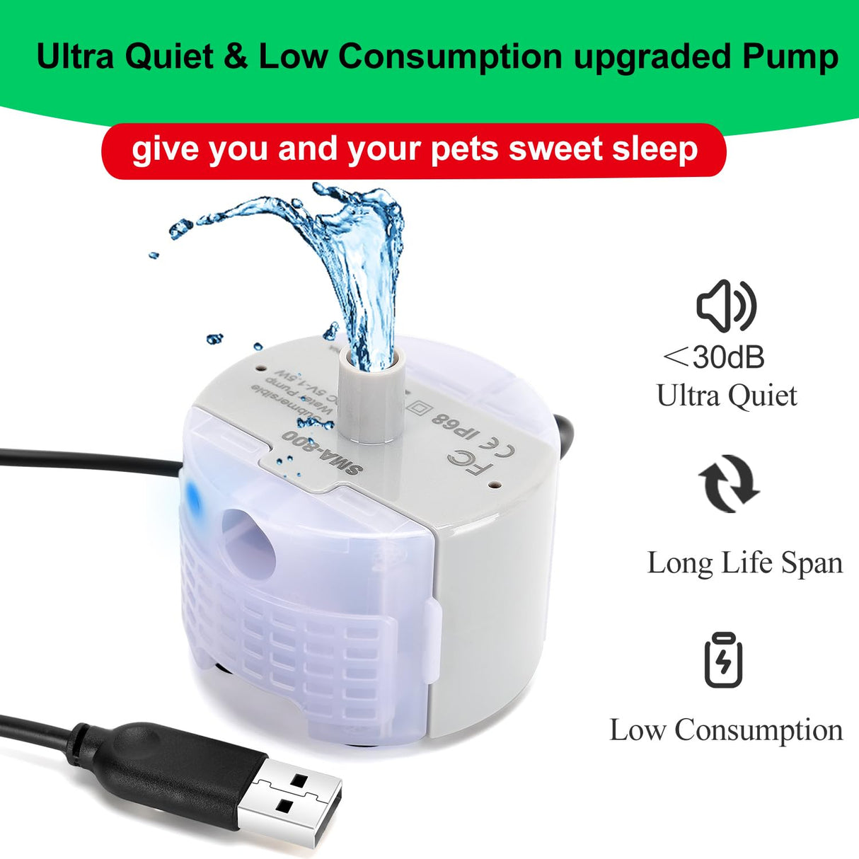 Cat Water Fountain Pump,Pet Water Fountain Pumps Replacement SMA-800 Submersible Motor,Cat Fountain Pump for Stainless Steel Cat Water Dispenser