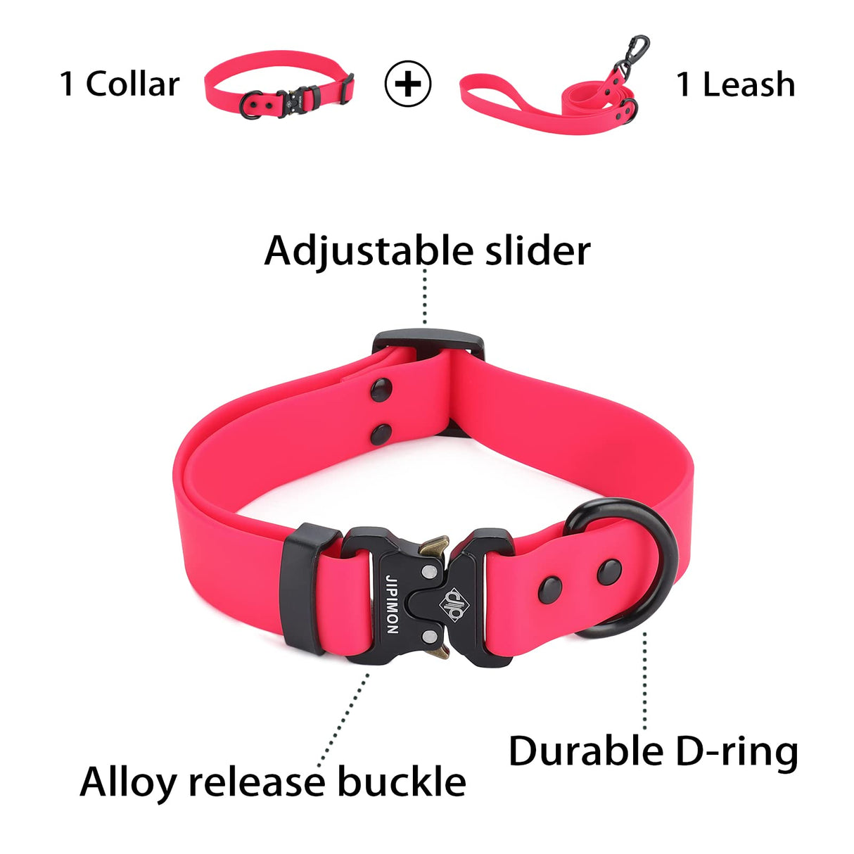 JIPIMON Waterproof Dog Collar and Leash Set Adjustable Quick Release Buckle Collar Leash for Small Medium Large Dogs (Medium, Red)