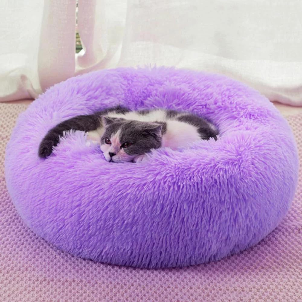 Purrfect Cat Beds - Washable 20/24 inches, Anti-Anxiety Round Plush Faux Fur, Thick Bottom (Purple, Medium) - Suitable for Indoor Cats & Small/Medium Dogs