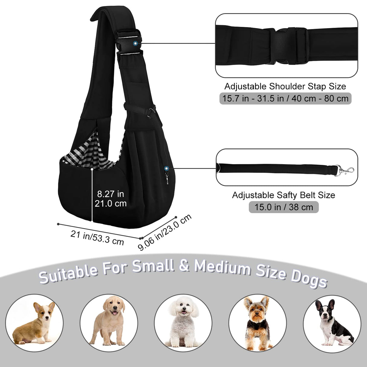 PETLOFT Reversible Dog Cat Sling Carrier, Small Dog Carrier, Adjustable Dog Sling, Hands Free Cross Body Carrier with Collar Hook for Dog/Cat/Bunny up to 11lb, Black