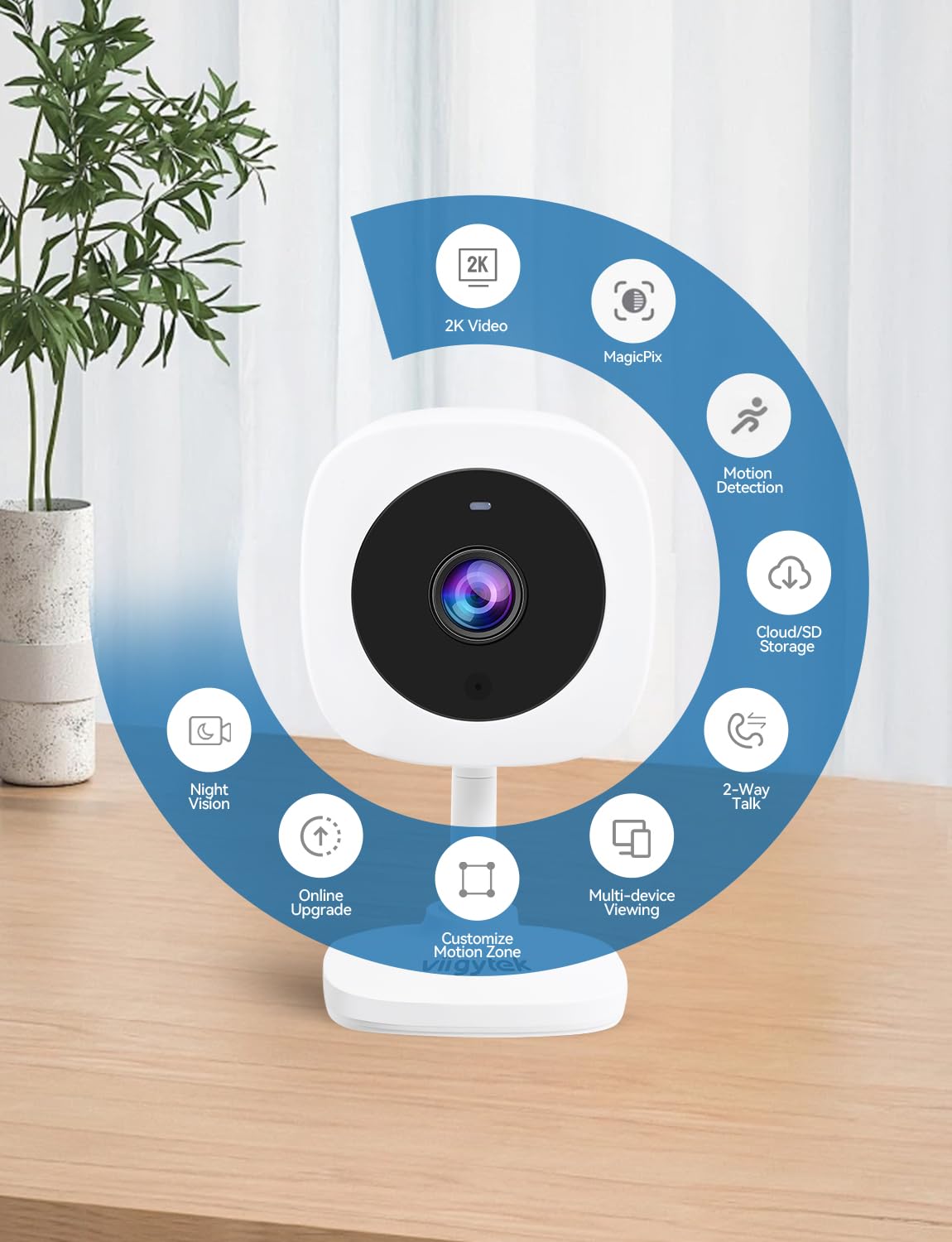 Viigytek 2K Home Indoor Pet Security Camera with Night Vision, Dog/Cat 2-Way Audio, Wired, Motion Detection, App Control (White-1Pack)