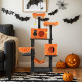 Halloween Cat Tree, Large Cat Tower With 2 Spacious Cat Condos, 2 Padded Perches, 2 Hammocks, Scratching Posts, Hanging Toy, Multi-Level Cat Activities Furniture For Large Cats, Orange & Black
