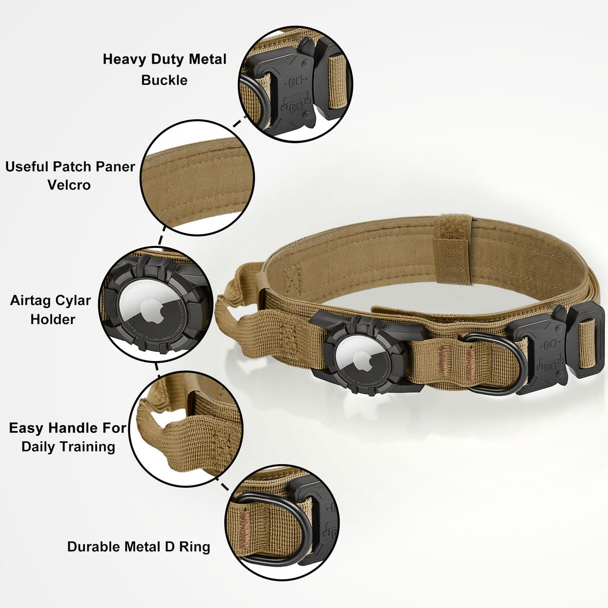 Tactical AirTag Dog Collar Leash Set - Heavy Duty, Adjustable GPS Collar Compatible with Apple AirTag, with Holder & Control Handle for Medium/Large Dogs [ Brown, M ]