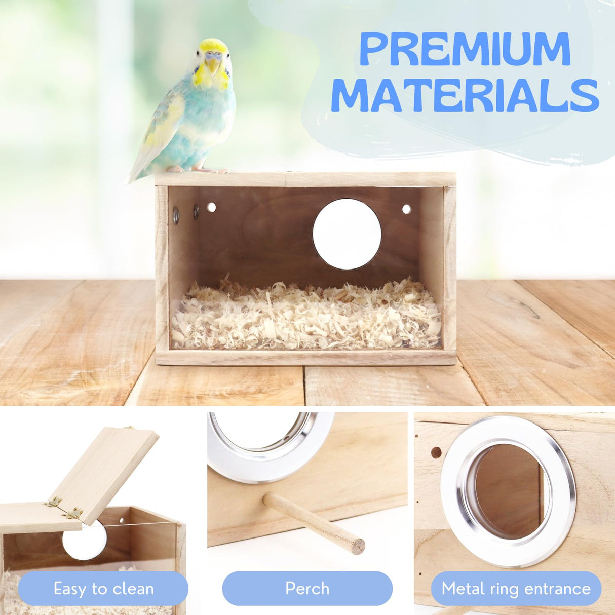 TiereCare Parakeet Nesting Box - Visual Wooden Bird Nest Breeding Box - Bird Cage House with Perch for Lovebirds Cockatiel Budgie Finch Parrot