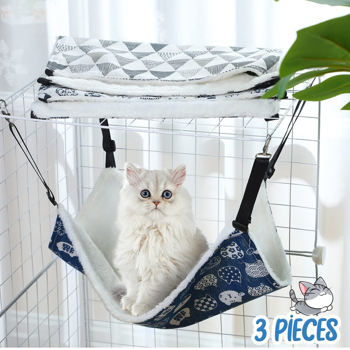 BBTO 3 Pcs Reversible Pet Hammock Soft Plush Cat Hanging Hammock Guinea Pig Bed Rat Cage Accessories for Puppy Dog Piggy Kitten Ferret Rabbit Other Small Animals(Cat)