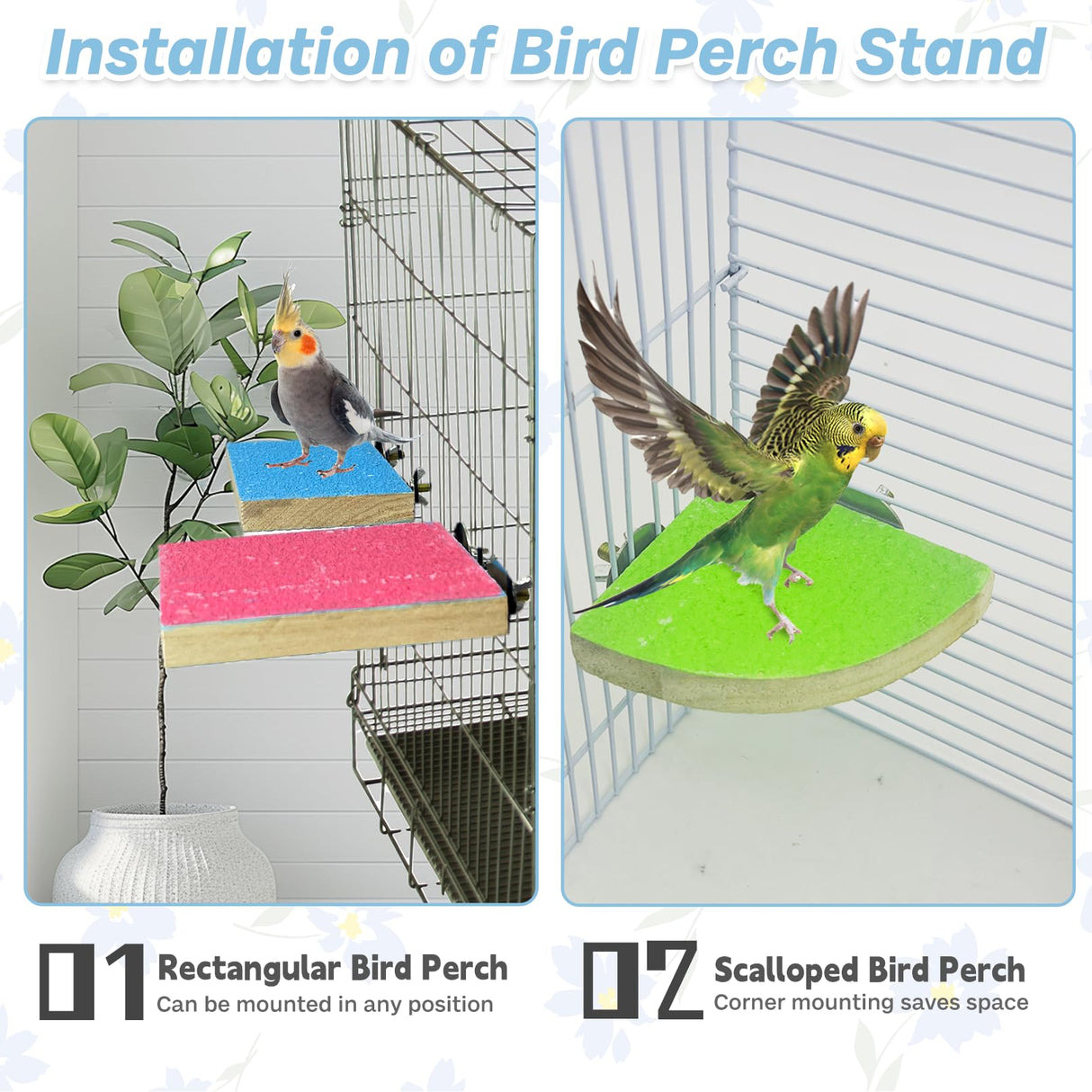 kathson Bird Perch Platform, Parrot Sanded Stand Wooden Corner Shelf Fan Shaped Cage Playground for Parrots Conures Budgies Parakeets Cockatiels Lovebirds