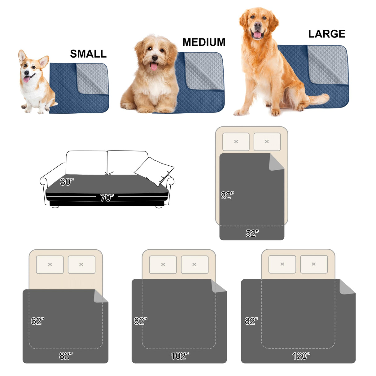 NICETOWN Waterproof Throw Blanket for Dogs & Indoor Cats, Washable Pet Furniture Floor Protector for Medium Large Dog Reversible Couch Cover, 52" Wide x 82" Long, 1 Panel, Navy/Stone Blue