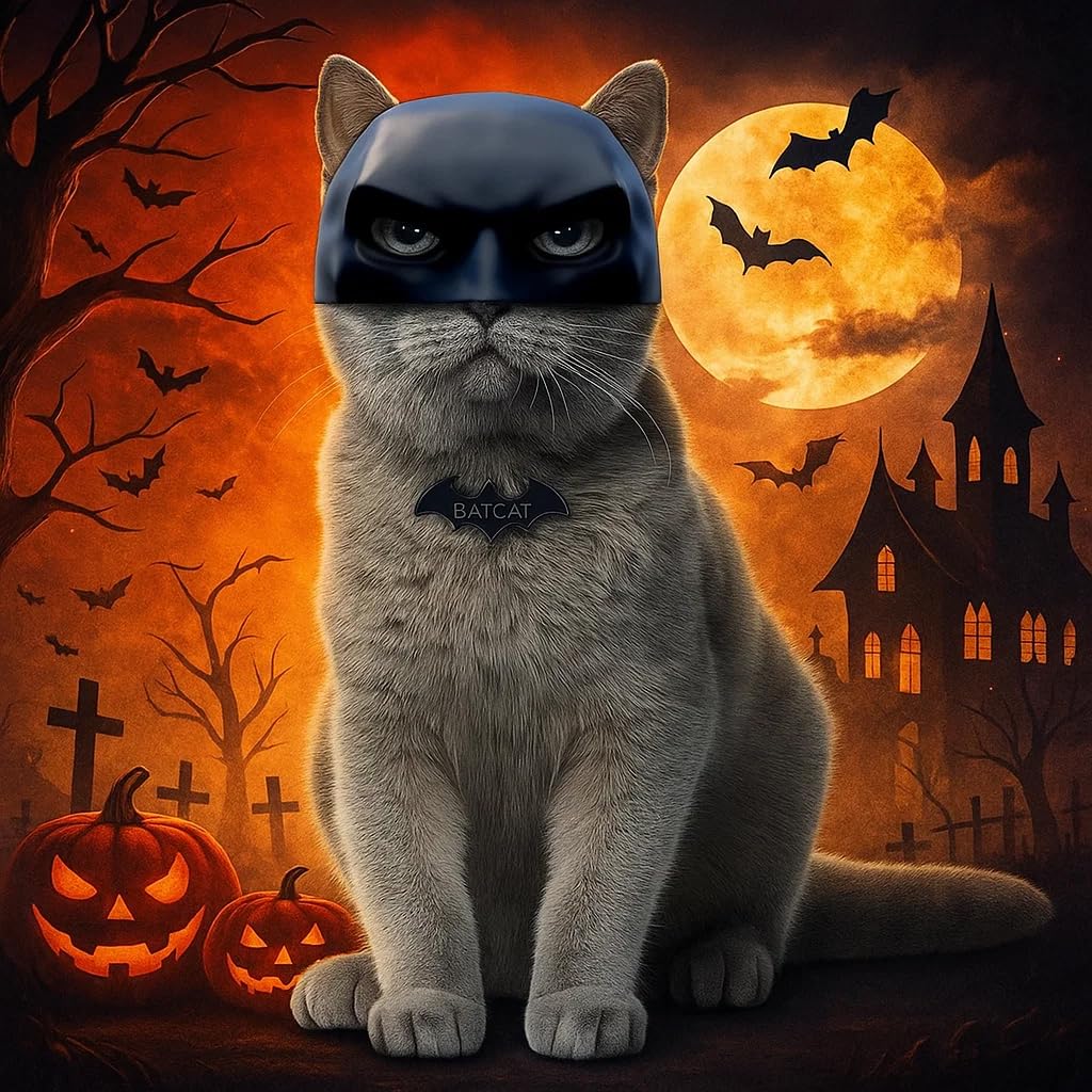 Black BatCat Cosplay Mask for Cats – Extra Thick Durable Pet Costume, Comfortable Halloween Apparel, Funny Superhero Hat, Catman Mask, Handmade Cat Outfit (Medium)