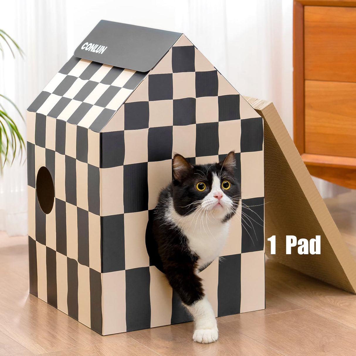 Conlun Cardboard Cat House with Scratch Pad & Catnip, Cat Play Scratching House for Indoor Hideaway Furniture, Heavy Duty Sturdy Cardboard Scratcher, Easy to Assemble Birthday Gift