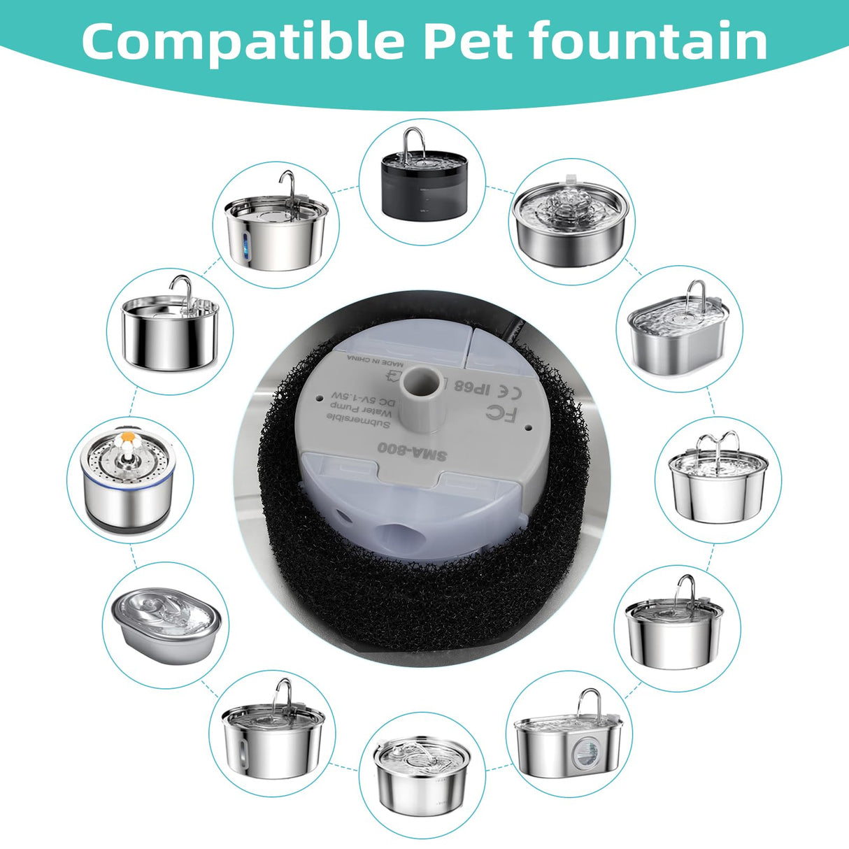 Ultra-Quiet Replacement Pump for Stainless Steel Cat Water Fountains - SMA-800 Motor - Safe and Easy to Clean with Low Voltage DC 5V and USB Cable (Side Suction Pump)