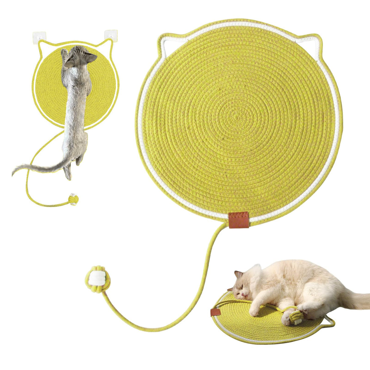 GooCare Cat Toy Scratcher Mat with Ball, 17" Size Natural Cotton Rope Dual Scratching Pad for Indoor Cats, Portable Furniture Protector for Wall, Carpets, Hand Washable (Yellow, 17"*17")