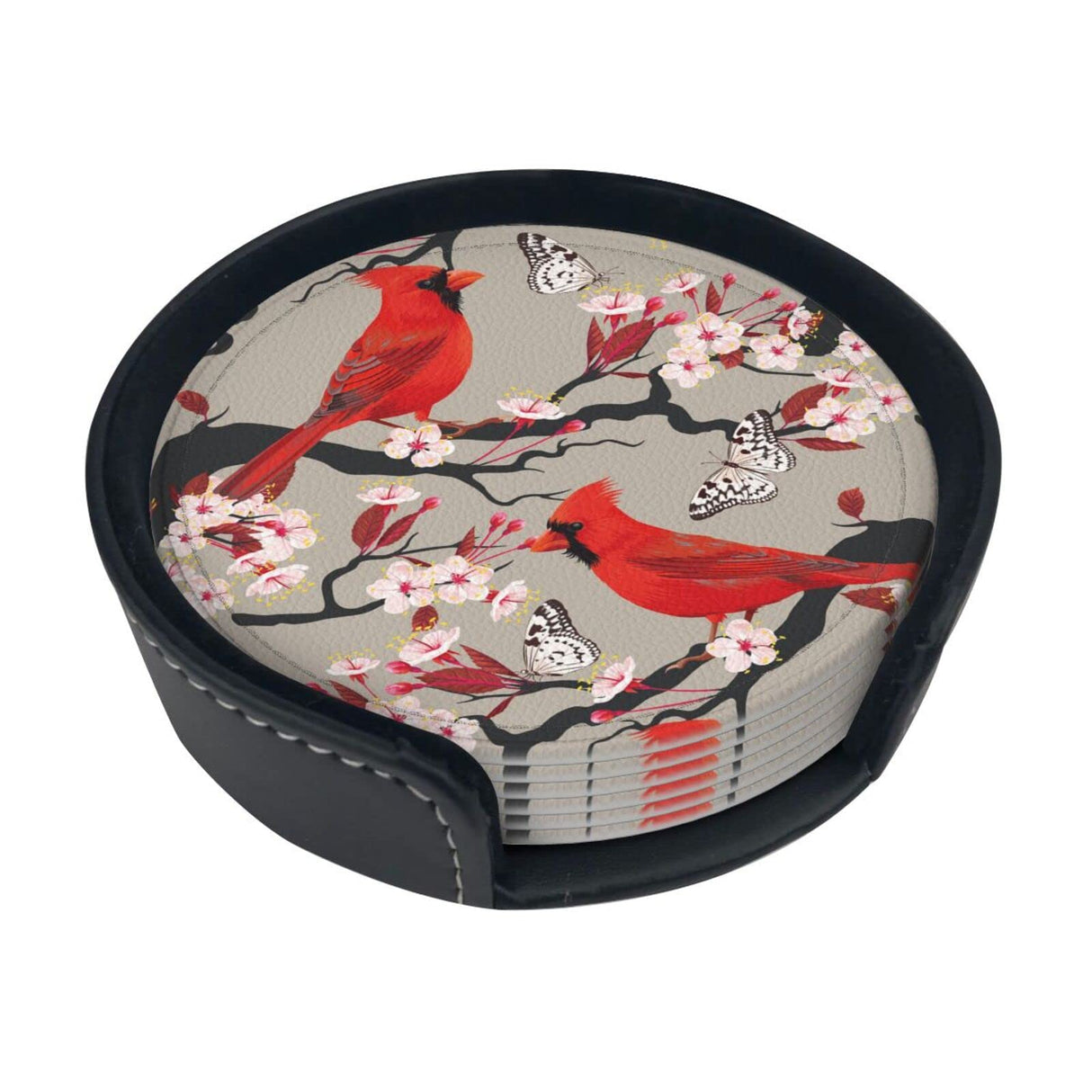 6 Pcs Leather Coasters for Drinks with Holder Red Birds Flowers Coaster Sets Drink Table Cup Coasters for Kitchen Coffee Decor