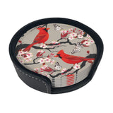 6 Pcs Leather Coasters for Drinks with Holder Red Birds Flowers Coaster Sets Drink Table Cup Coasters for Kitchen Coffee Decor