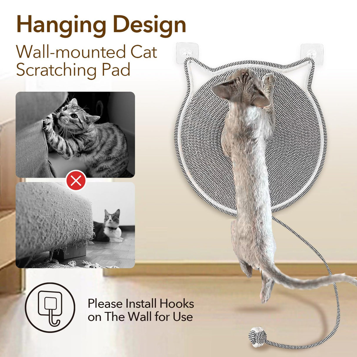 GooCare Cat Toy Scratcher Mat with Ball, 17" Size Natural Cotton Rope Dual Scratching Pad for Indoor Cats, Portable Furniture Protector for Wall, Carpets, Hand Washable (Yellow, 17"*17")