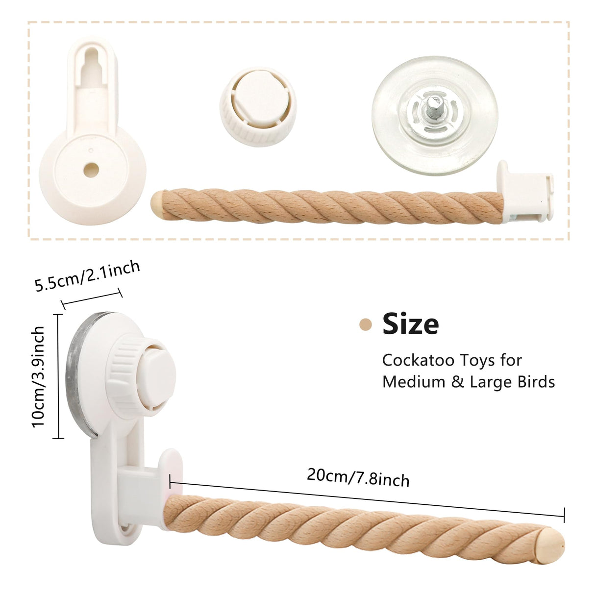 Suction Cup Bird Perch,Natural Wood Parrot Window/Bath/Car/Travel/Shower Perches Stand Portable Parakeet Grinding Stick Training Toys for Small and Medium Birds(Twist Grain)