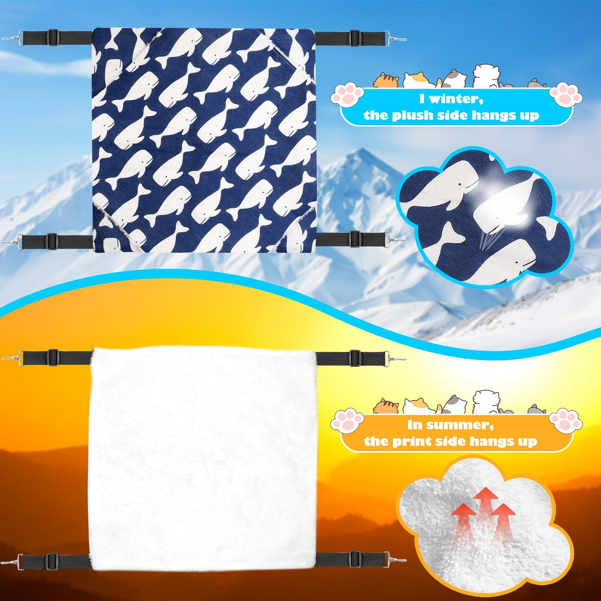 Mengbei tribe Cat Hammock for Cage Hanging Cat Bed with Adjustable Strap and Metal Hooks, for Winter and Summer Use - Small Animals Soft Sleeping Hammock Accessory