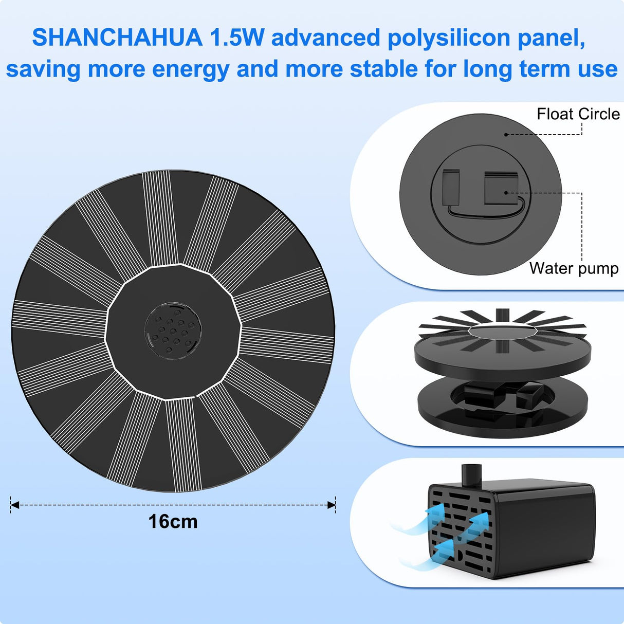 SHANCHAHUA Solar Fountain, 1.5W Solar Bird Bath Fountains Pump Floating Solar Powered Water Fountain with 6 Nozzles and Fixer, Solar Fountain for Bird Bath, Outdoors, Garden, Pond, Pool