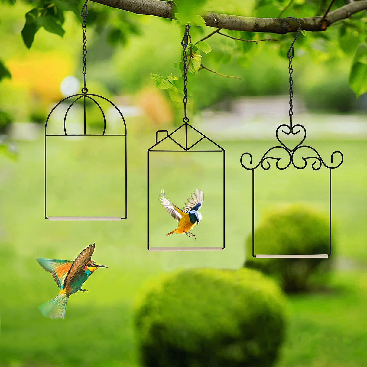 MIXXIDEA 3PK Hummingbird Perch, Hummingbird Swing with Metal Frame, Bird Swing with Wooden Dowel and Hanging Chain,Suitable for Hanging Indoor,Outdoor, Lawn,Patio,Garden