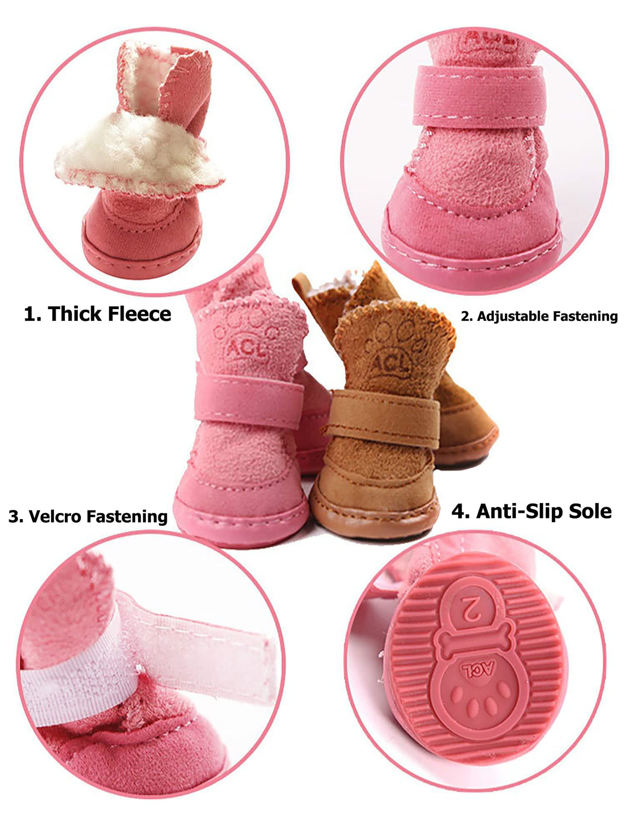 Small Dog Winter Booties, Cold Weahter Dog Shoes for Small Dogs, Boots for Cats, Yorkie, Chihuahua Cozy Boots Pink Size 2