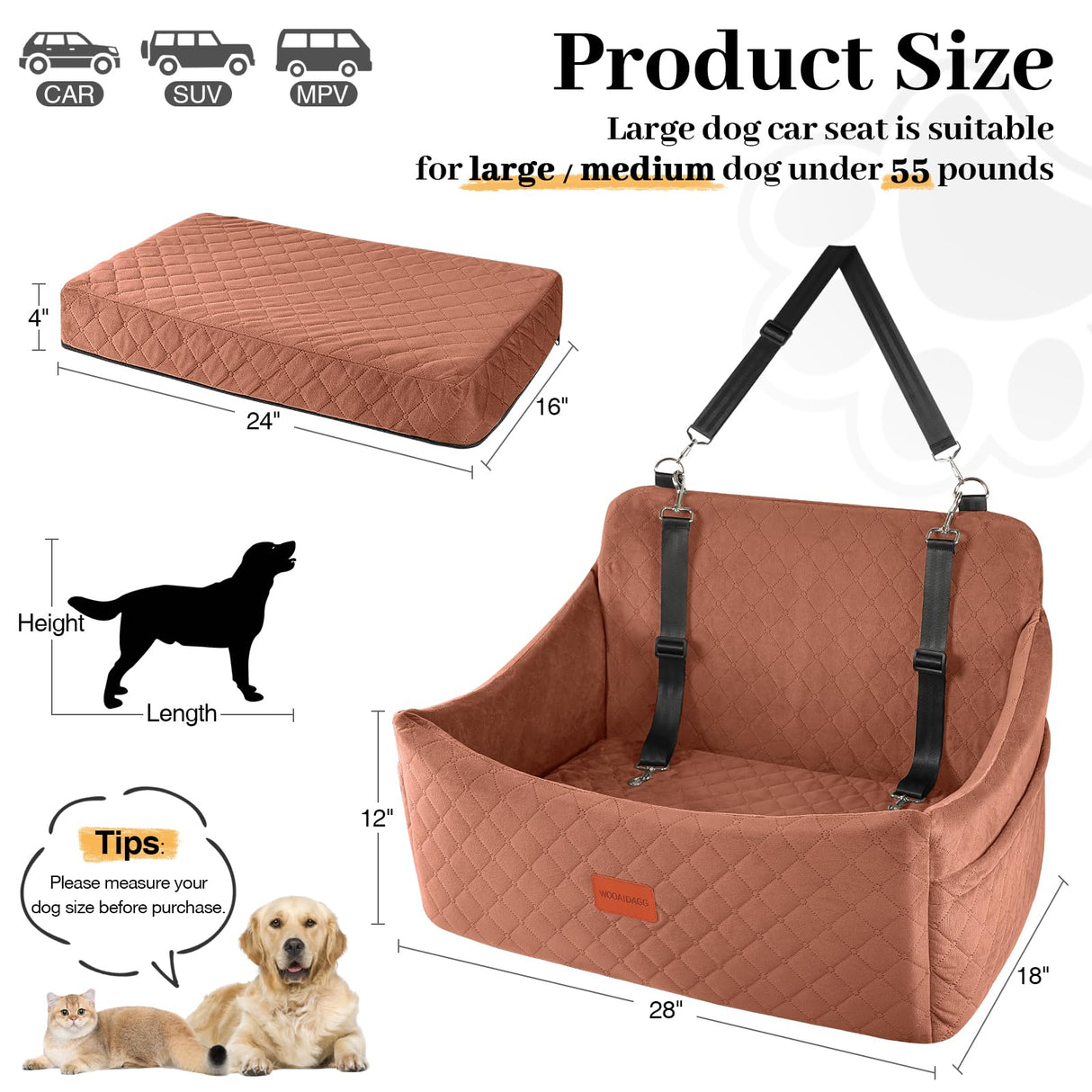 Wooaidagg Dog Car Seat for Medium & Large Dogs Up to 55lbs, Memory Foam Cushion, Washable Cover, Safety Straps & Non-Slip Base (Brown, Large)
