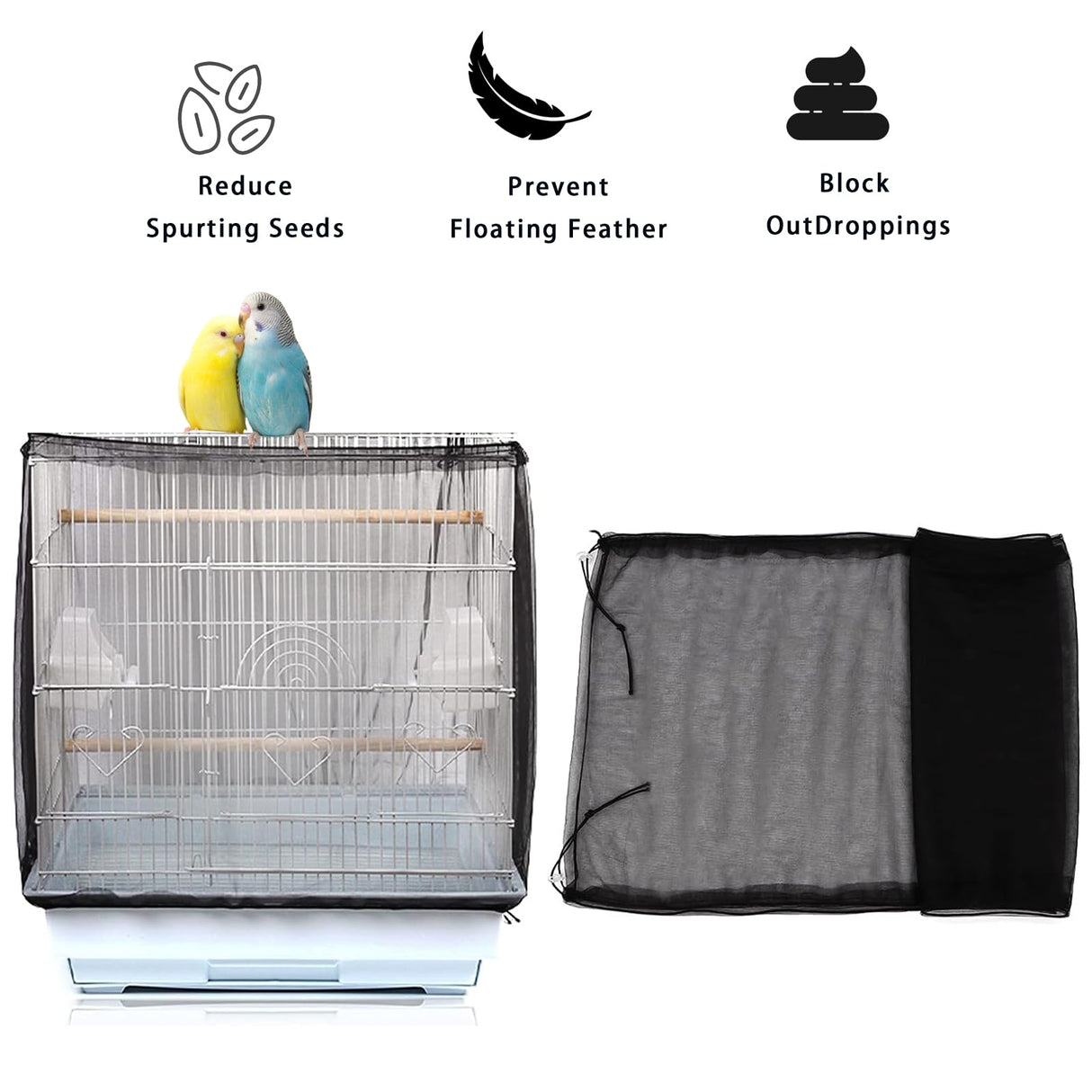 Ulifebetter Bird Cage Cover, Parakeet Cage Acessories Adjustable Seed Catcher Birdcage Seed Catcher Birds Cage Netting Bird Cage Mesh Cover for Bird Cages (Black)