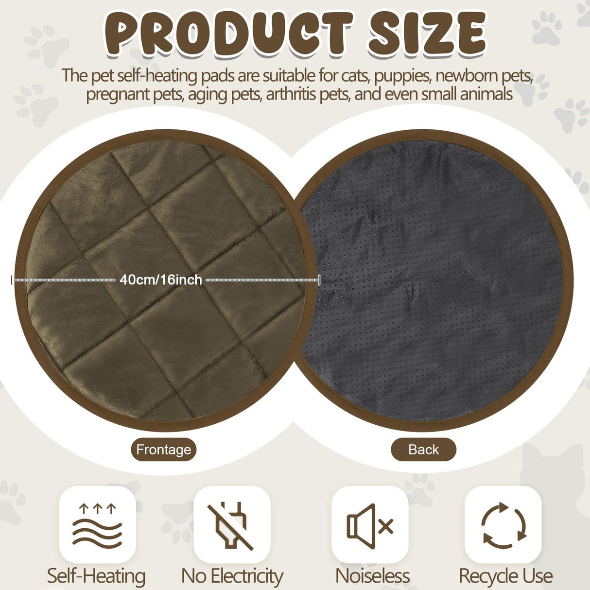Drydiet 2 Pcs Cat Heating Pad Round 16 Inch Self Heating Cat Mat Washable Heated Bed Anti Slip Warming Pad Pet Bed Mat for Kennel Dog Crate Indoor Outdoor(Coffee,16 Inch)
