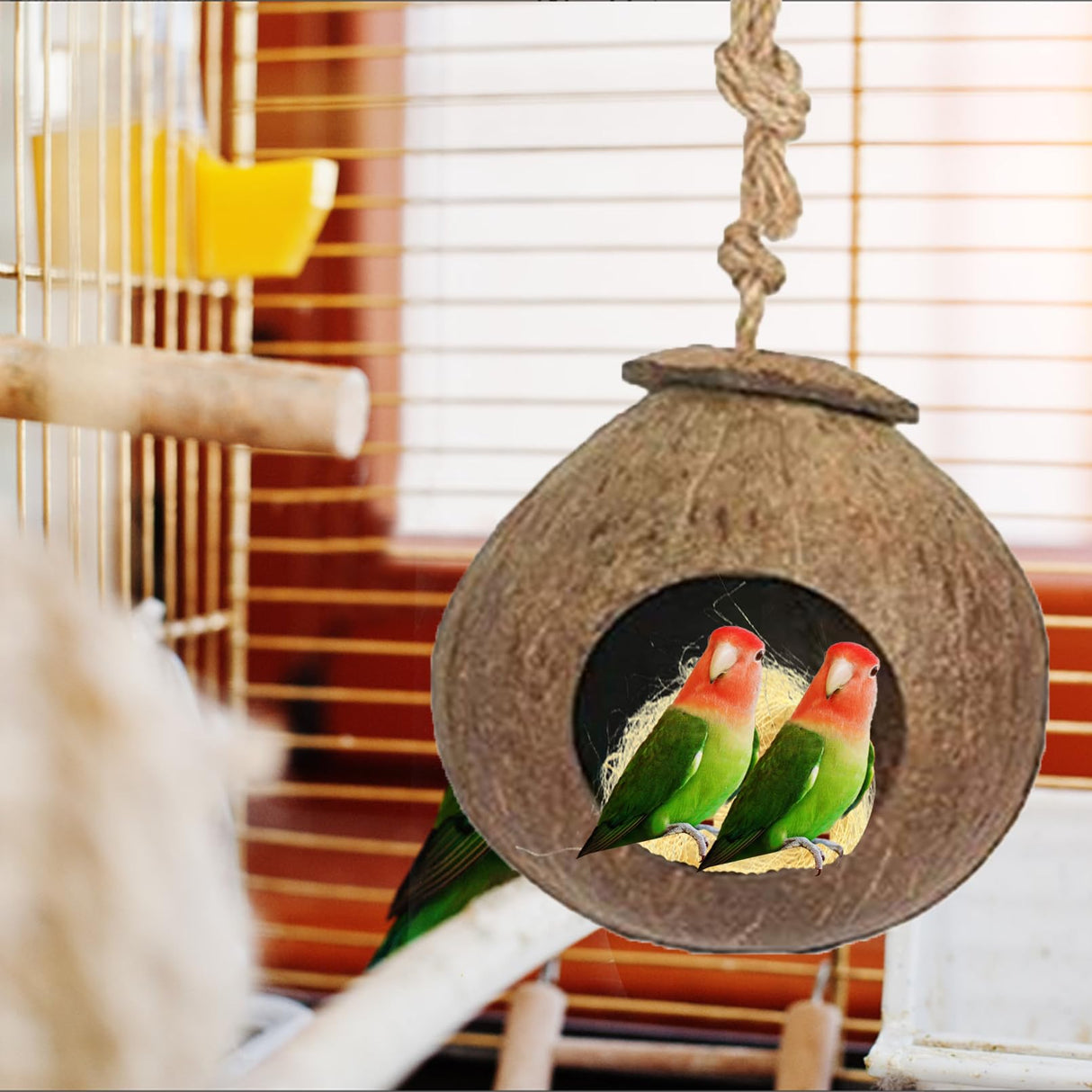 kathson Natural Coconut Shell Bird Nest,Hanging Coco Birds House,Parrots Hide Hut Habitats Decor,Parrot Cage Accessories for Lovebirds Cockatiel Canary Budgies,Feeder Spoon,4 Toy Balls(6 Pcs)