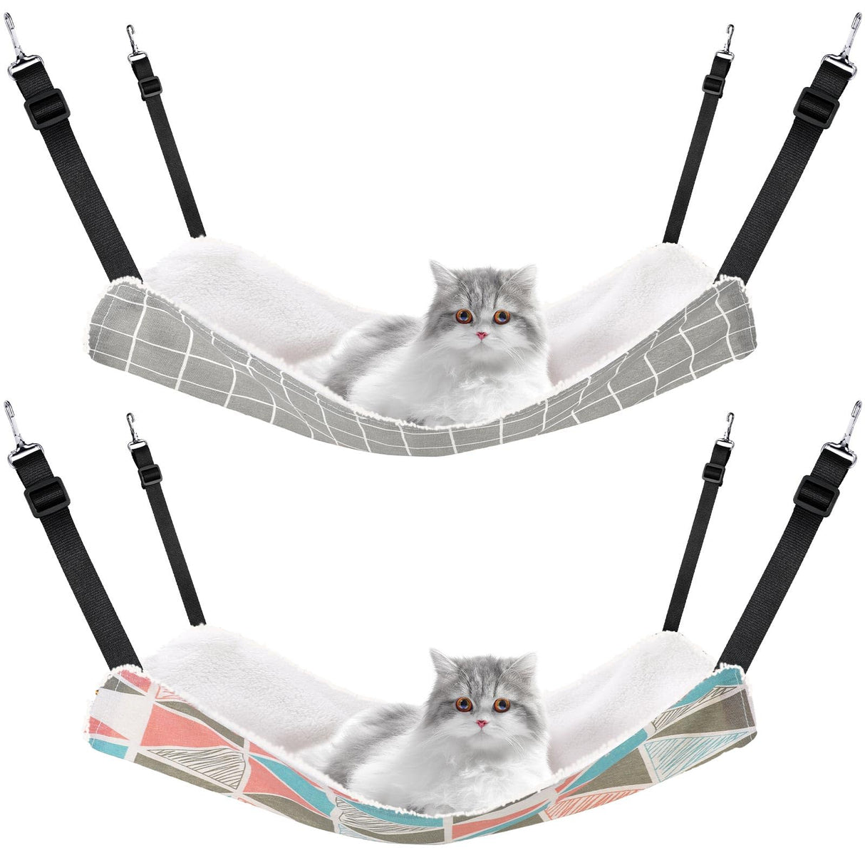 2 Pieces Reversible Cat Hanging Hammock Soft Breathable Pet Cage Hammock with Adjustable Straps and Metal Hooks Double Sided Hanging Bed for Small Dogs Rabbits(Geometry Pattern,L)