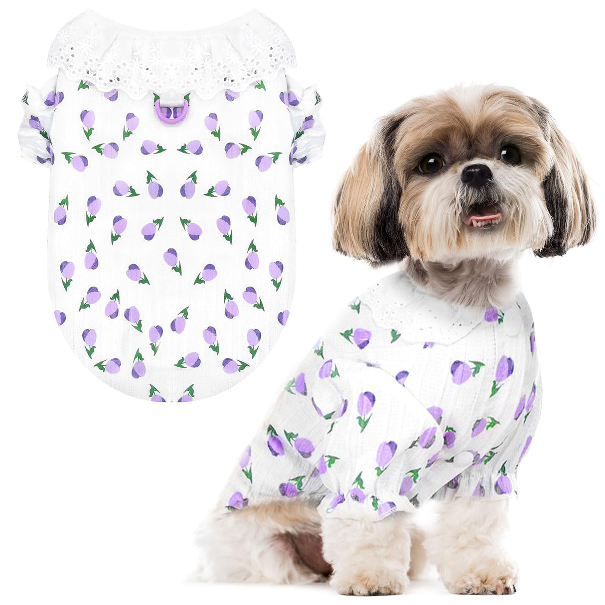 ABRRLO Cute Dog Shirts for Small Dog Clothes Girls Pink Puppy Cat Shirts with Harness D Ring Floral Female Doggy Outfits Pet Clothes for Mini Dachshund Shih tzu Teacup Chihuahua Maltese
