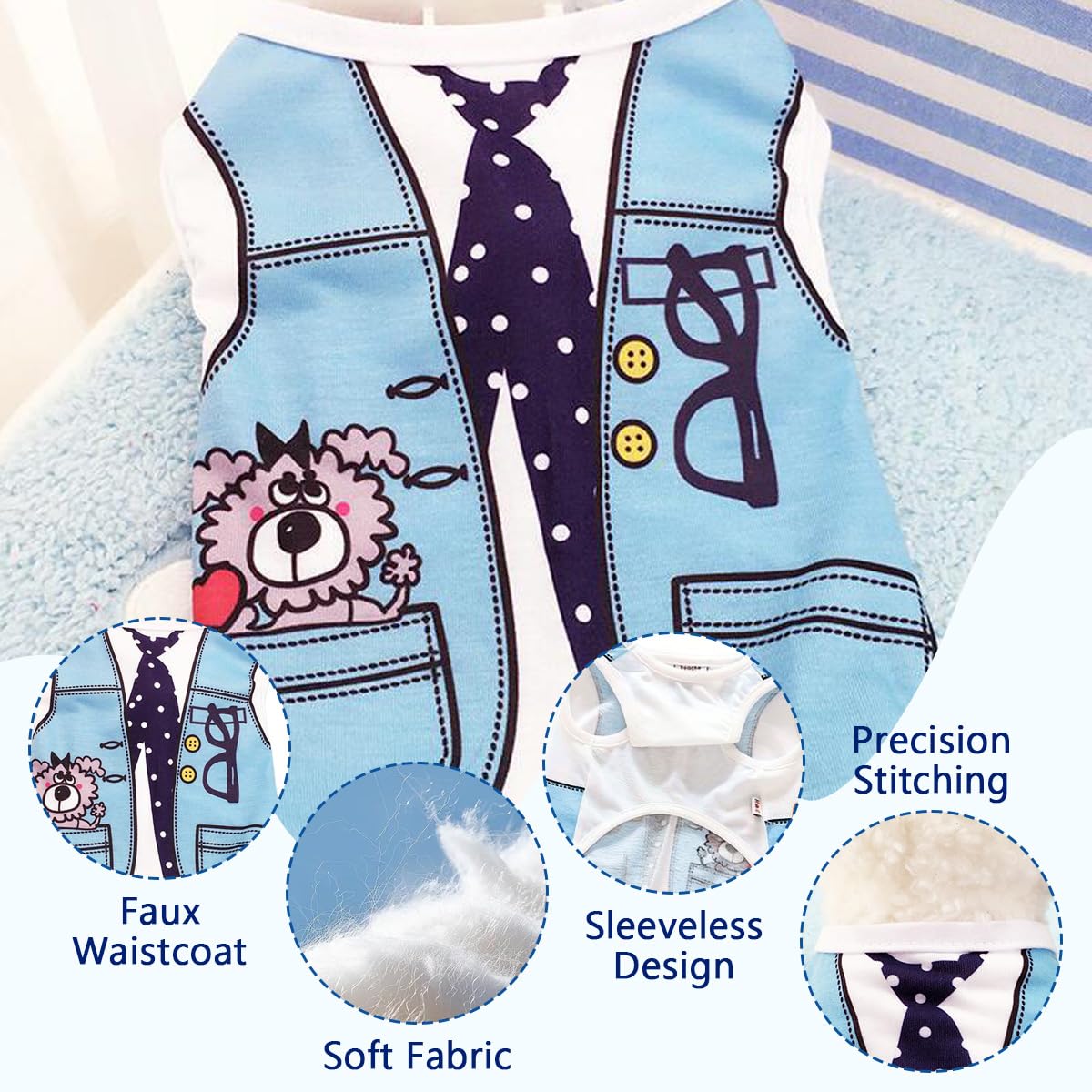 Vavious Cat Outfit Dog Summer Shirt Blue Faux Tie Print Pet T Shirt Cooling Sleeveless Pet Apparel for Small Medium Doggy Puppy Breathable Cozy Pullover X-Small