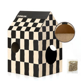 Conlun Cardboard Cat House with Scratch Pad & Catnip, Cat Play Scratching House for Indoor Hideaway Furniture, Heavy Duty Sturdy Cardboard Scratcher, Easy to Assemble Birthday Gift