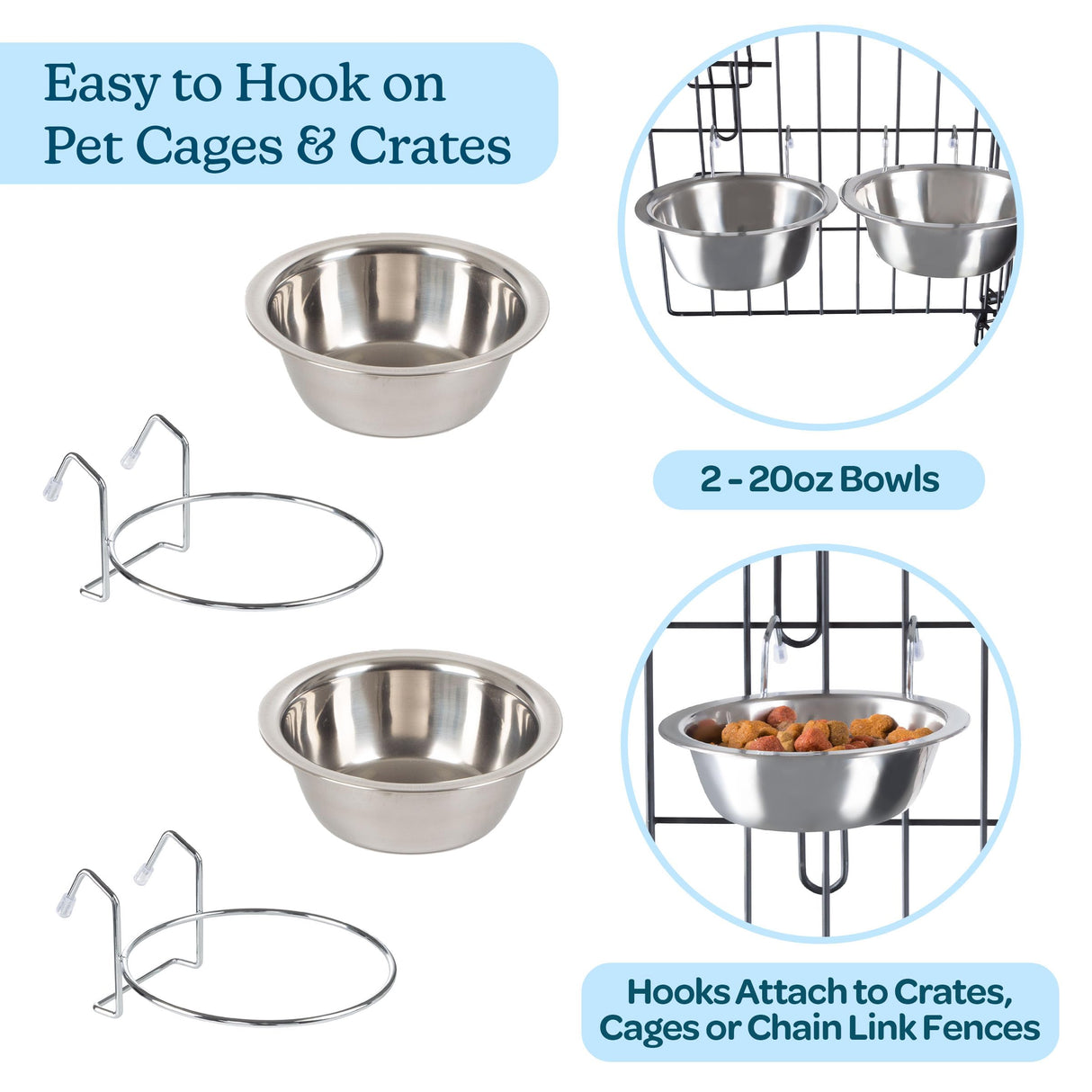 Set of 2 Stainless-Steel Dog Bowls - Cage, Kennel, and Crate Hanging Pet Bowls for Food and Water - 20oz Each and Dishwasher Safe by PETMAKER,Silver