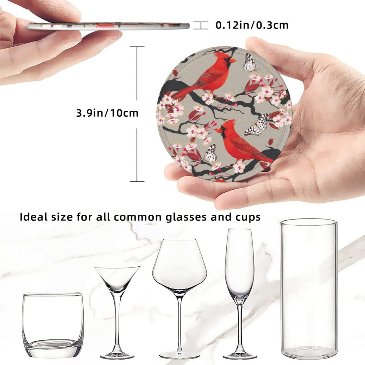 6 Pcs Leather Coasters for Drinks with Holder Red Birds Flowers Coaster Sets Drink Table Cup Coasters for Kitchen Coffee Decor