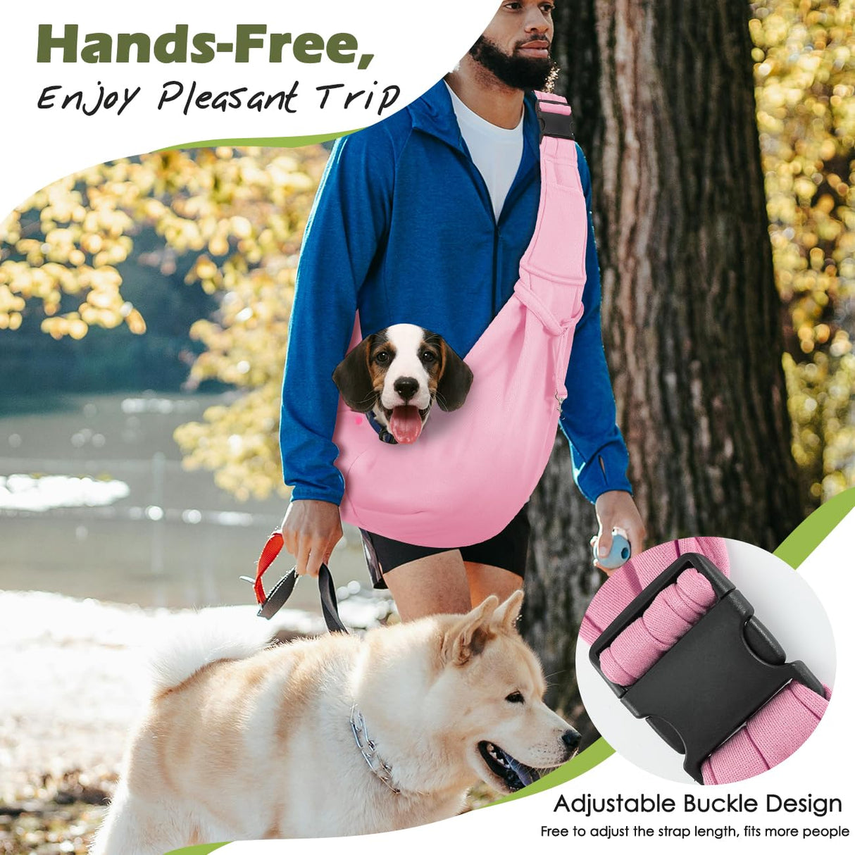 Pawaboo Small Dog Sling Carrier, Reversible Hands Free Dog Sling Carrier for Small Dogs Cats, Puppy Sling Carrier with Adjustable Strap Buckle & Safety Harness, Puppy Essentials, Pink