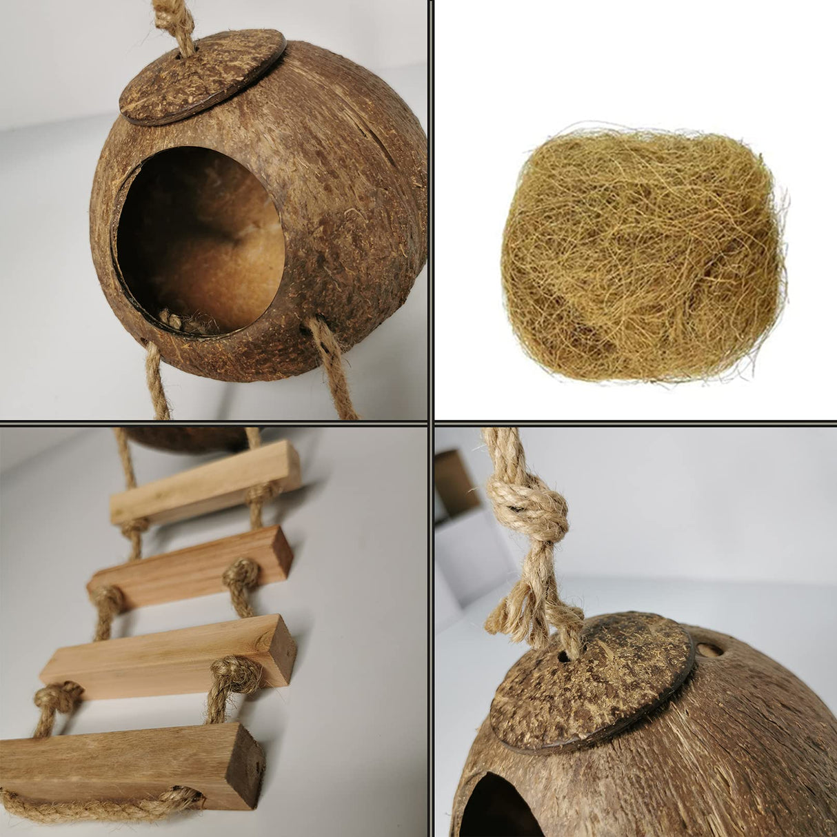 Tfwadmx Coconut Hide with Ladder, Natural Fiber Hanging Birdhouse Cage, Bird Shell Breeding Nest for Parrot, Parakeet, Lovebird, Finch, Canary (2 Pcs)