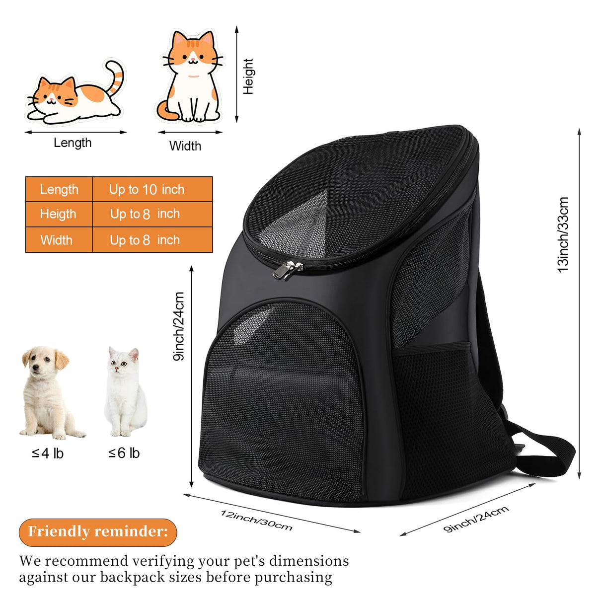 Dog Carrier Backpack Breathable for Small Pets/Cats/Puppies, Pet Carrier Bag with Mesh Ventilation, Safety Features and Cushion Back Support, for Traveling, Hiking, Camping, Walking & Outdoor, Black
