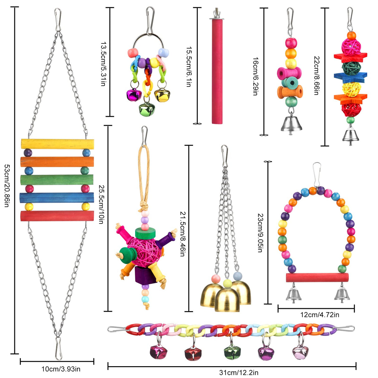 Bird Toys for Conures with Colorful Ladder Hammock Bird Cage Accerious Bird Perch Stand Chewing Toys Hanging Bell for Parrot Parakeet Cockatiel Lovebirds