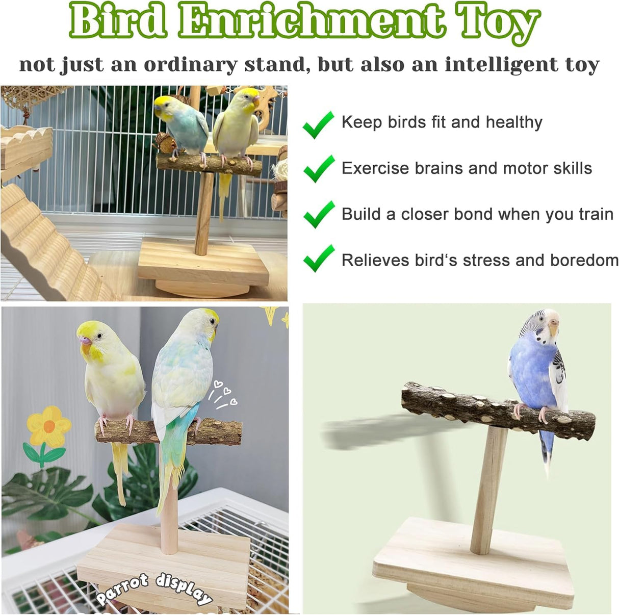 Natural Wood Bird Perch Stand Training, Intelligence Puzzle Enrichment Toys for Parakeets, Wooden Parrot Perch Platform, Bird Playground Play Stands for Conure Cockatiel (Wood, Small)