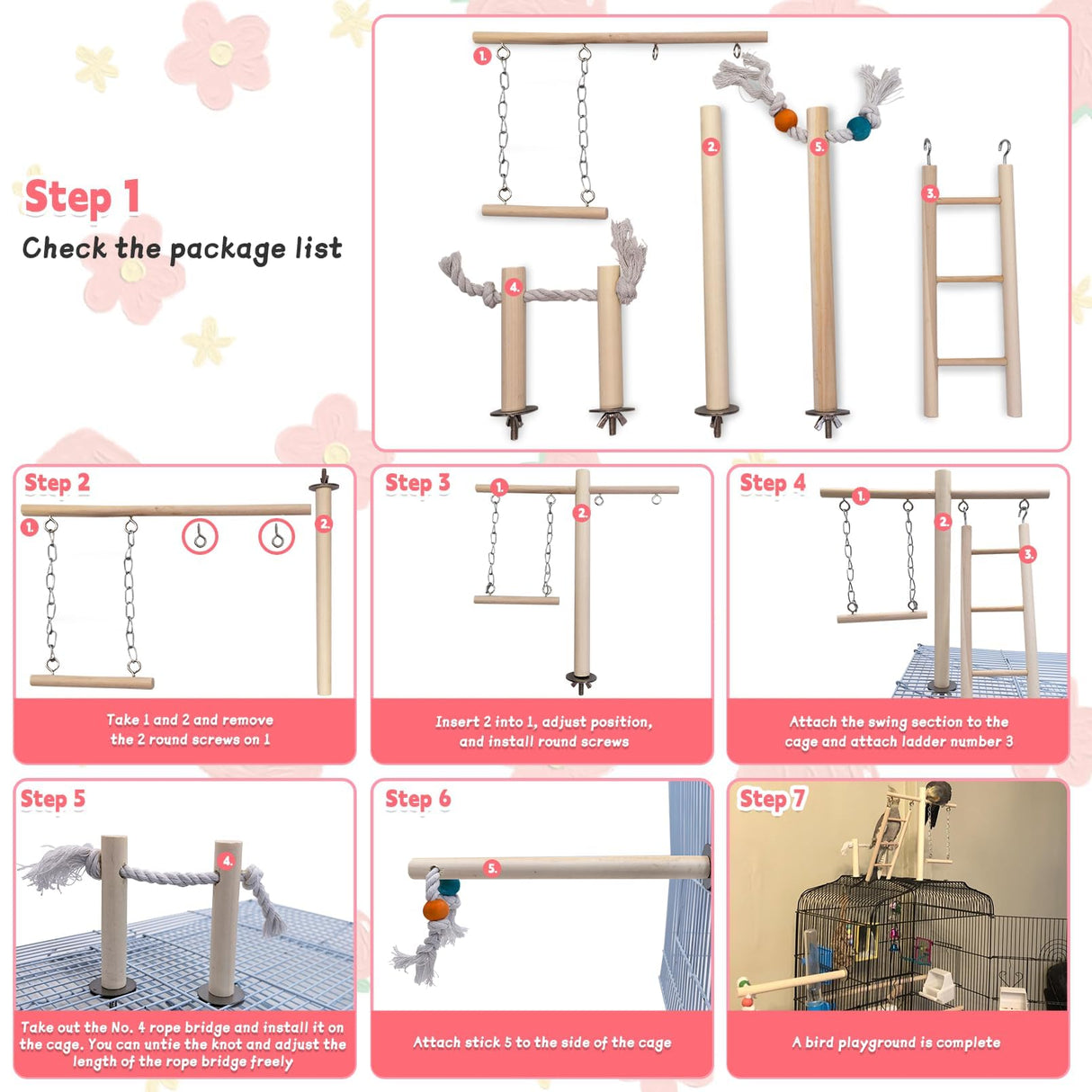 PINVNBY Bird Playground, Wood Parrot Play Gym Stand Perch Bird Cage Accessories for Small and Medium Parakeet Cockatiel Conure Love Birds Finch