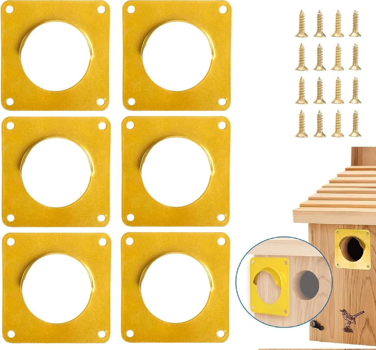 Bird House Guard Hole Plate - Larger Stainless Steel Shape with Rain Buffle - Entrance Predator Guards Metal Plate - 38 mm 1.5" Hole Sizes - Square Rings Entry Hole Protector (Golden 6 Pieces)