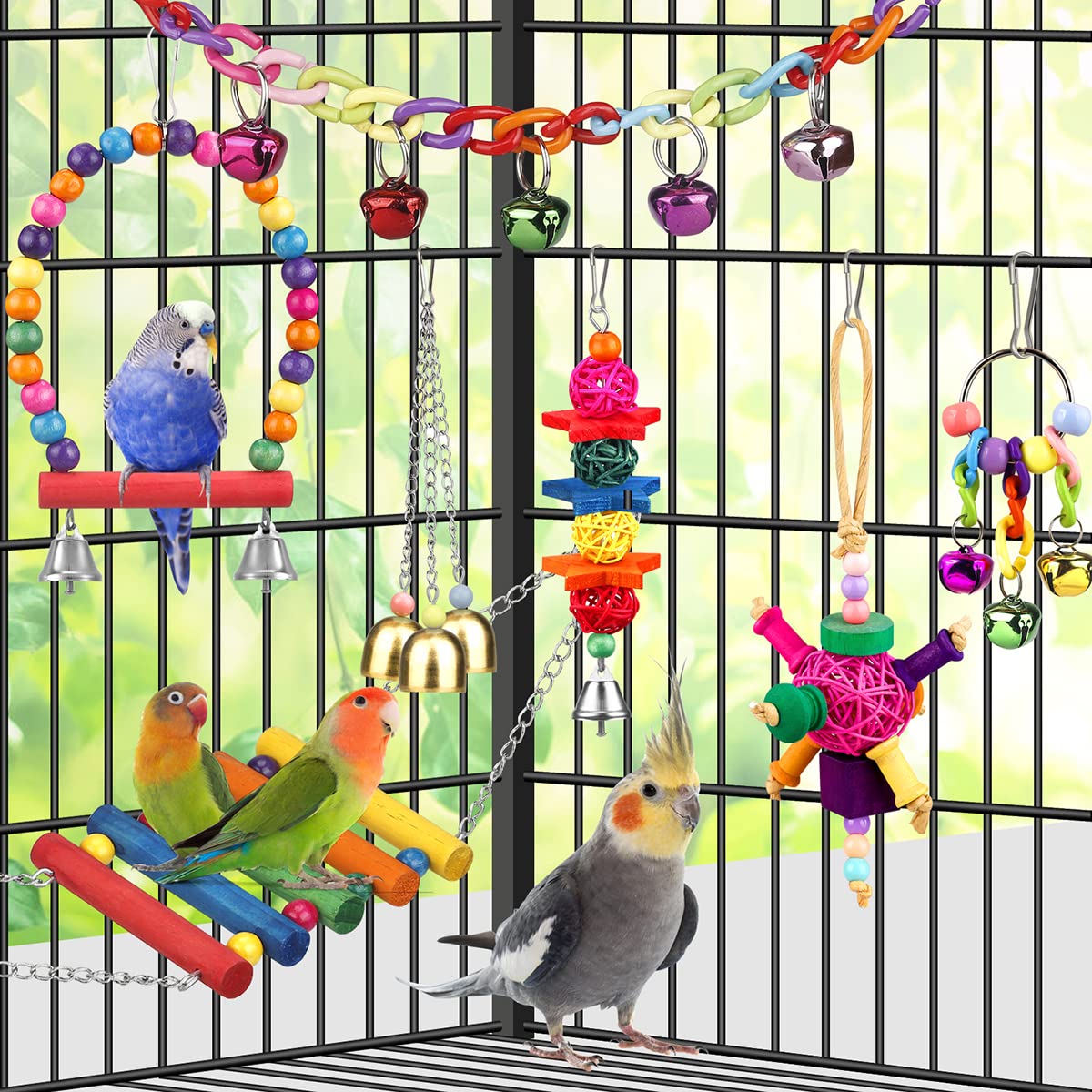 Bird Toys for Conures with Colorful Ladder Hammock Bird Cage Accerious Bird Perch Stand Chewing Toys Hanging Bell for Parrot Parakeet Cockatiel Lovebirds